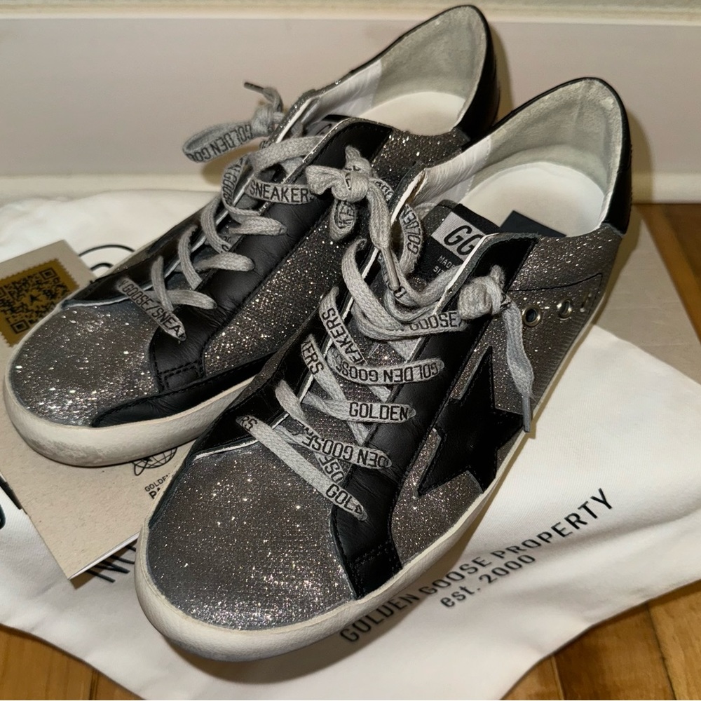 Golden Goose Black Super-Star Sneakers with Iridescent Fabric